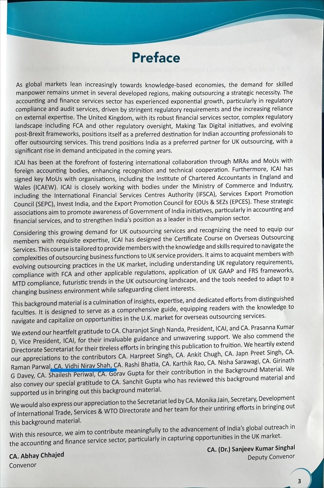 Preface page of the ICAI Overseas Outsourcing Services publication listing CA Vidhi Nirav Shah as a contributor
